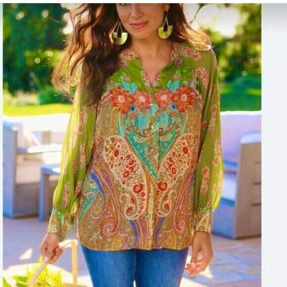 Soft Surroundings button up paisley floral blouse Size L boho artsy art to wear - Picture 1 of 8